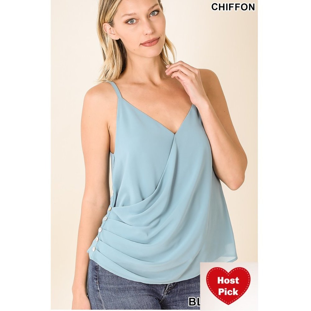 Spaghetti Strap Sleeveless Chiffon Top-Surplice Neck Side Buttons -Spring Blue
